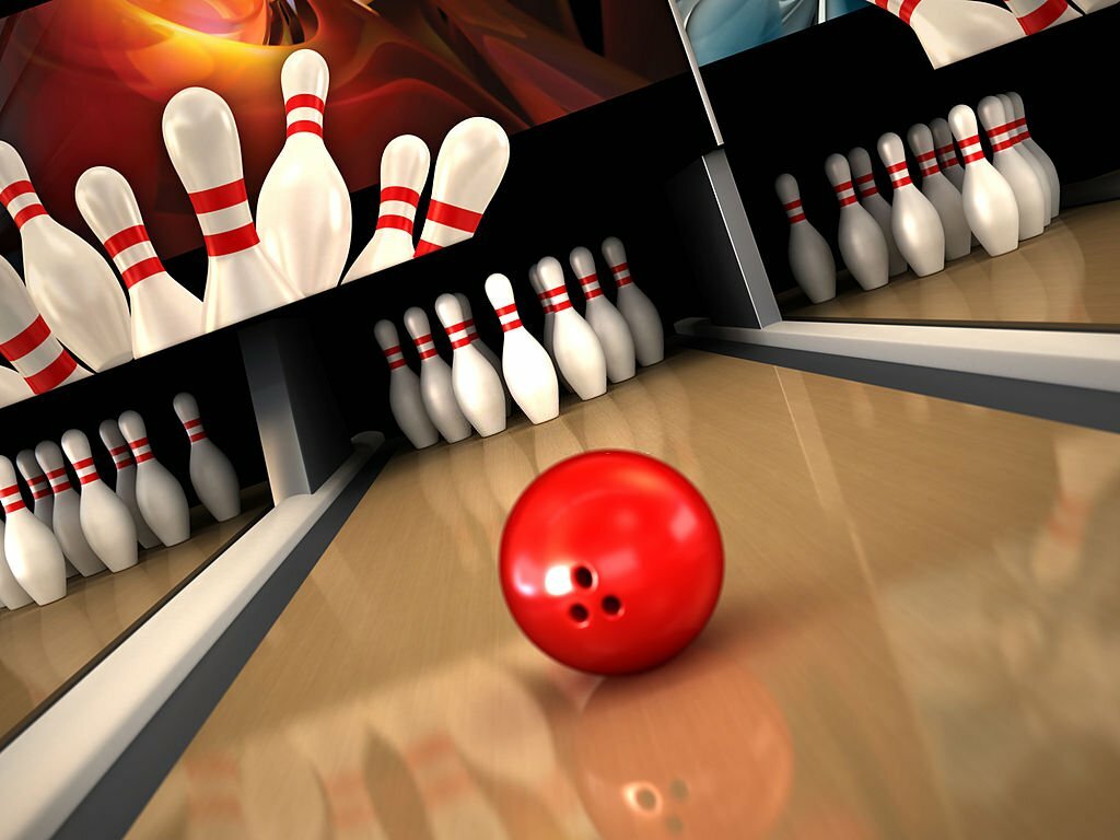 "Red bowling ball going for a strike. Focus on the bowling pins. For an emphasised speed effect, Photoshop radial blur / zoom effect is recommended...Similar images:"